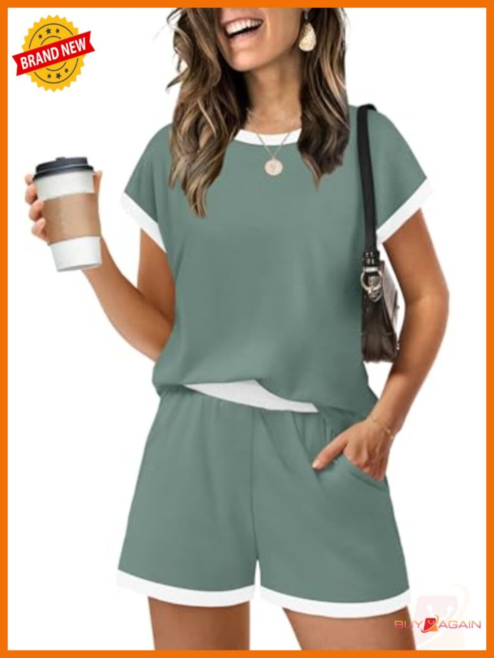 Two Piece Short Set Cap Sleeve Crew Neck Drawstring Pocket Loungewear